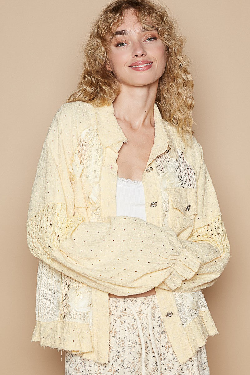 POL Eyelet Flower Pearl Detail Lace Patchwork Shirt-TOPS / DRESSES-[Adult]-[Female]-Banana Mousse-S-2022 Online Blue Zone Planet