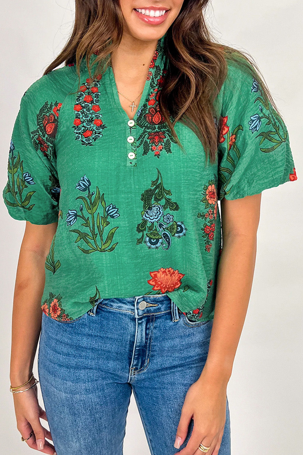 Bright Green Floral Print Buttoned V Neck Short Sleeve Blouse-Tops/Blouses & Shirts-[Adult]-[Female]-Bright Green-S-2022 Online Blue Zone Planet