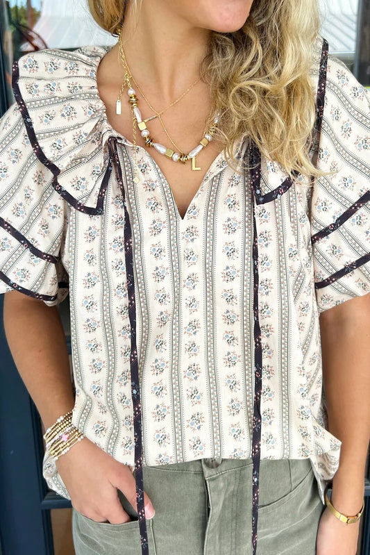 White Floral Ruffled Collar Short Puff Sleeve Printed Blouse-Tops/Blouses & Shirts-[Adult]-[Female]-White-S-2022 Online Blue Zone Planet