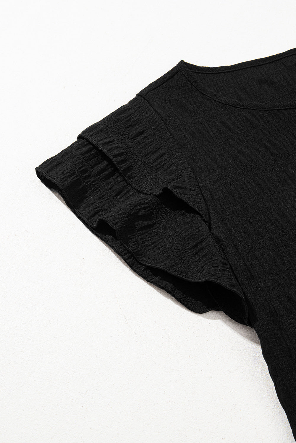 Black Textured Ruffled Sleeve Round Neck Top-Tops/Blouses & Shirts-[Adult]-[Female]-2022 Online Blue Zone Planet