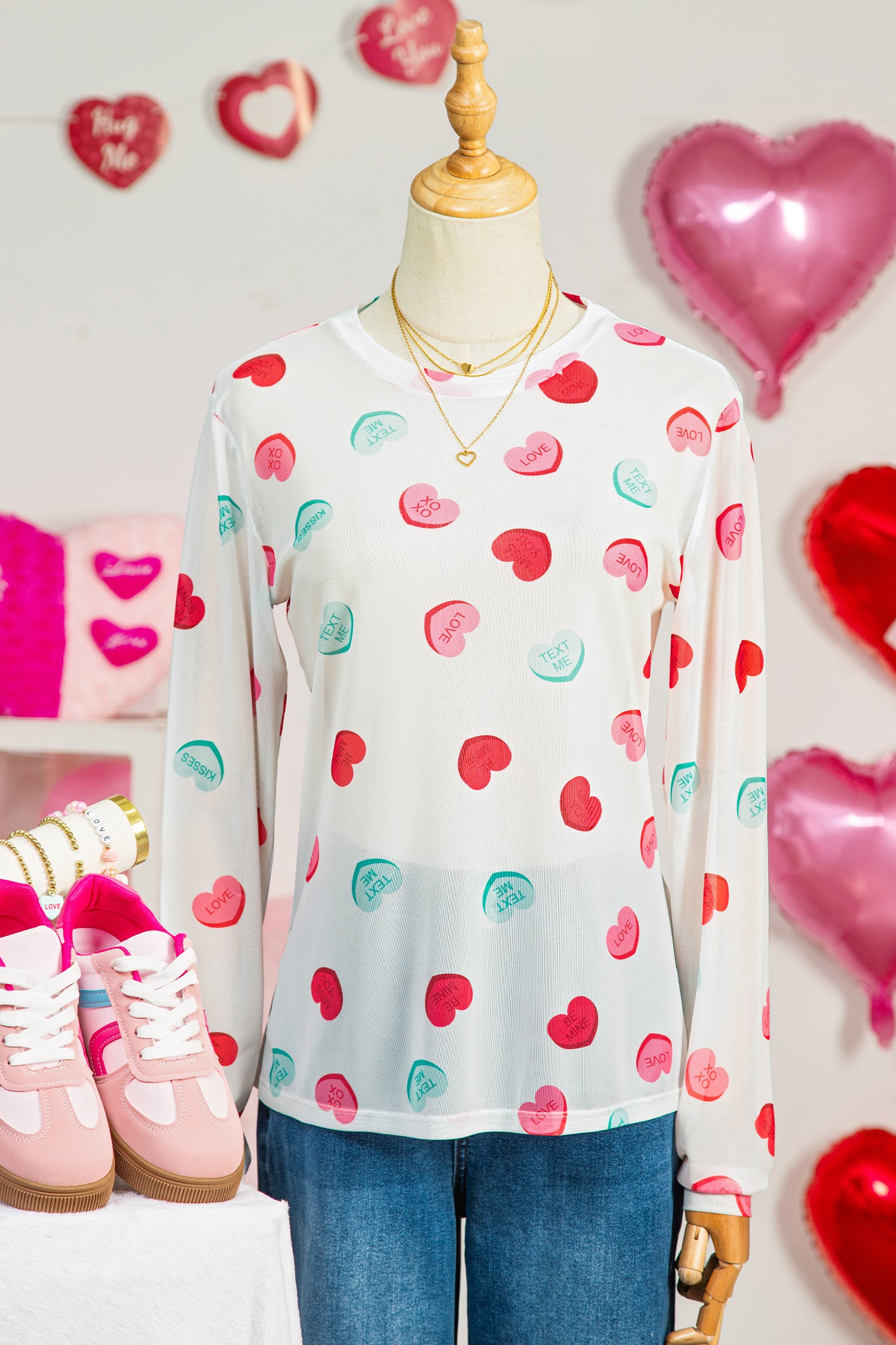 White Sheer Mesh Valentines Slogan Heart Printed Long Sleeve Top-Tops/Long Sleeve Tops-[Adult]-[Female]-2022 Online Blue Zone Planet