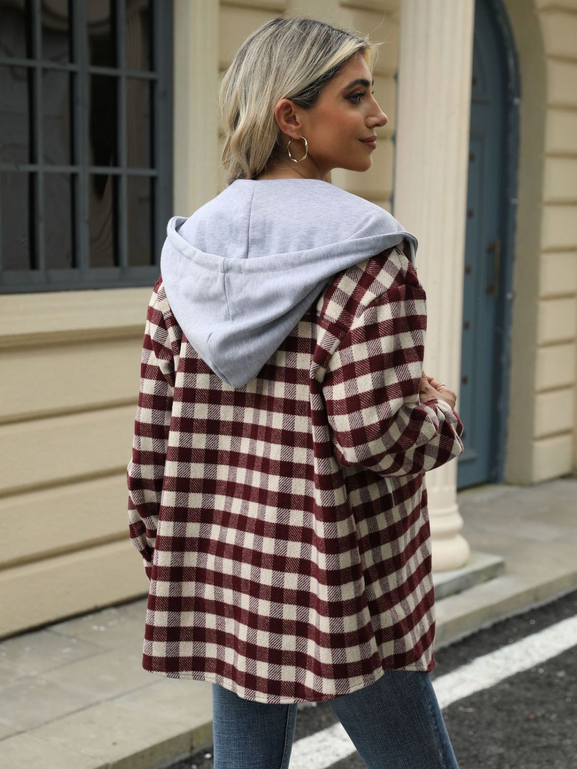 Drawstring Plaid Long Sleeve Hooded Jacket-TOPS / DRESSES-[Adult]-[Female]-2022 Online Blue Zone Planet