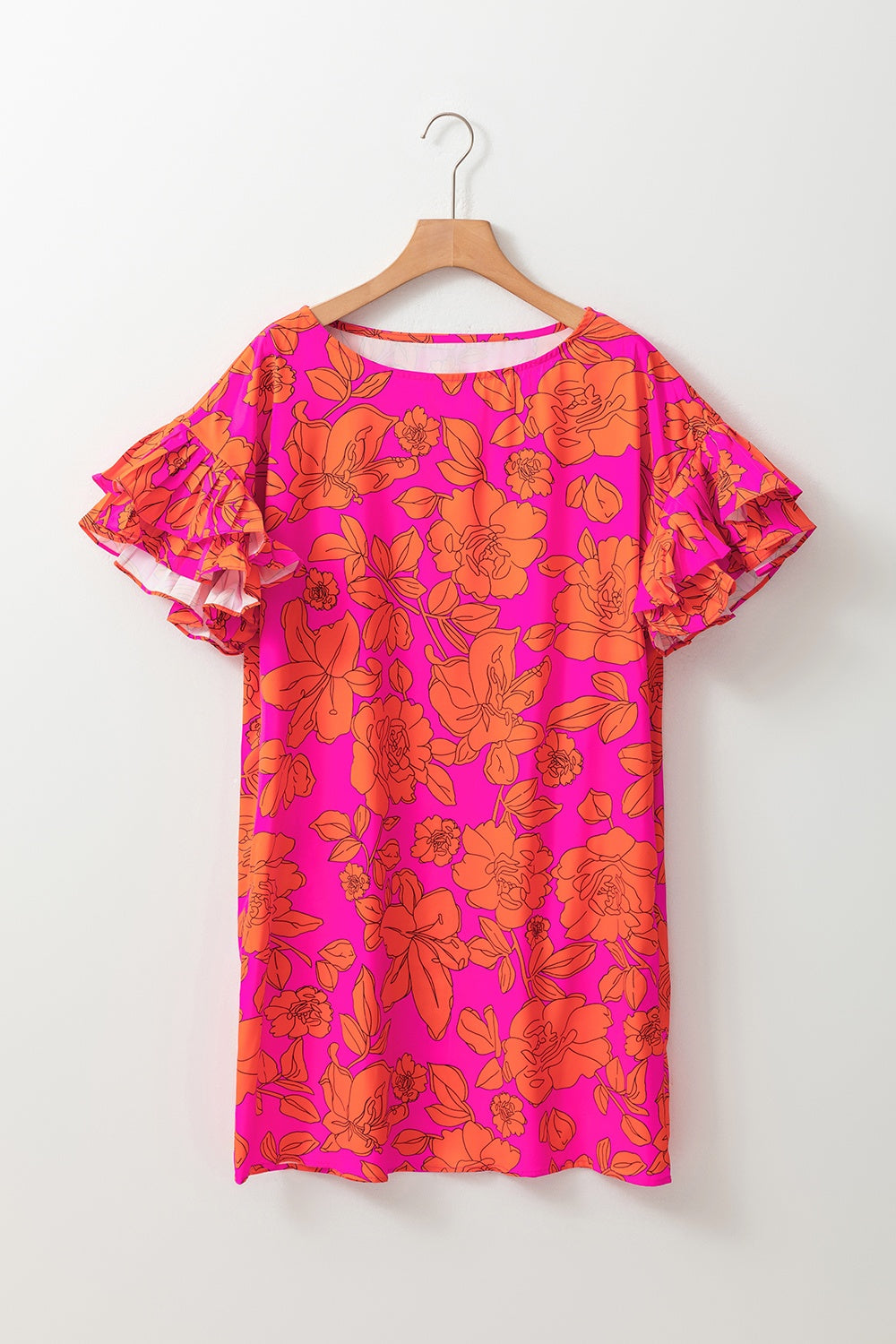 Ruffled Printed Short Sleeve Mini Dress-TOPS / DRESSES-[Adult]-[Female]-Hot Pink-S-2022 Online Blue Zone Planet