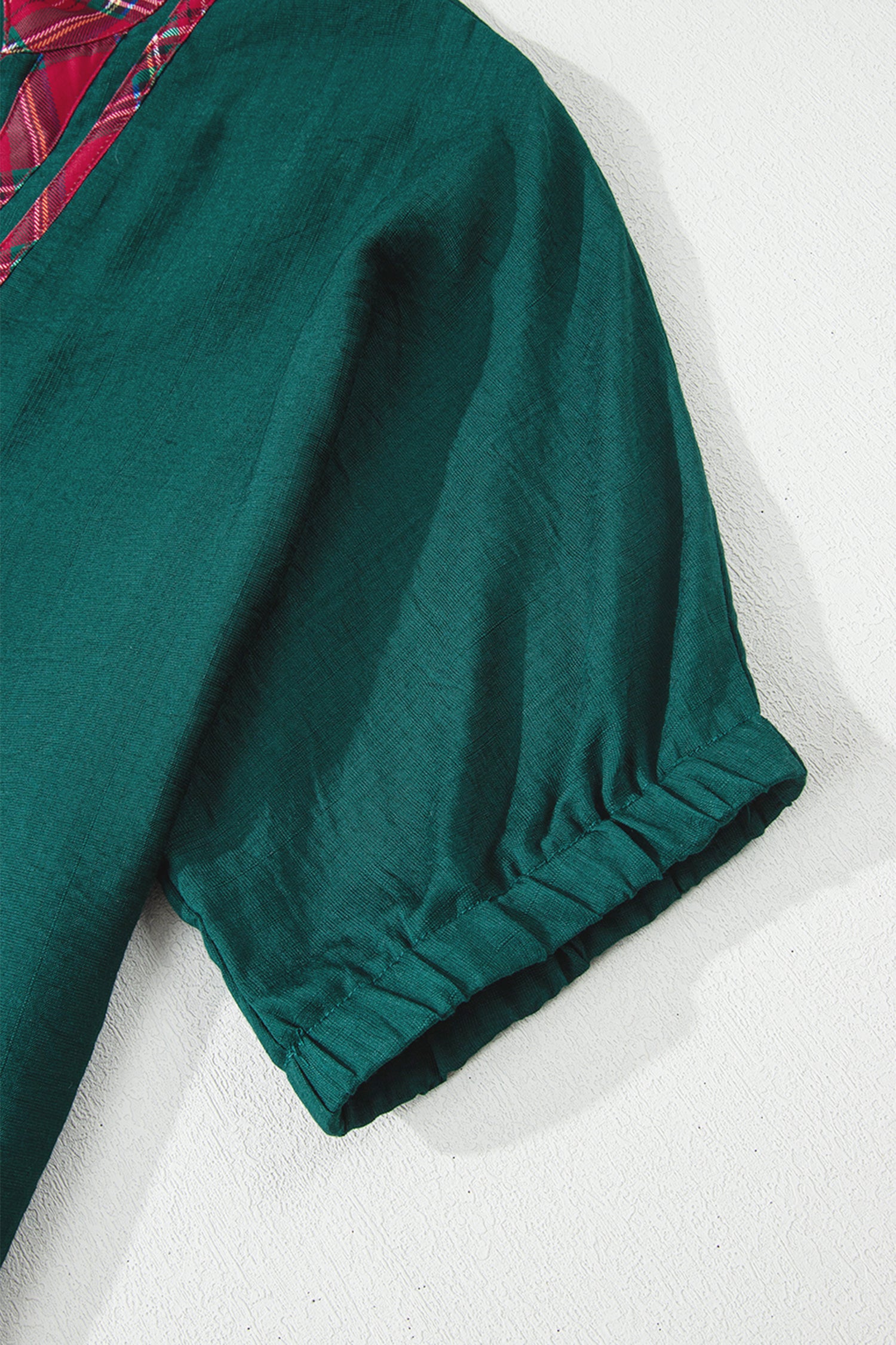 Evergreen Contrast Plaid Patchwork V Neck Half Sleeve Blouse-Tops/Blouses & Shirts-[Adult]-[Female]-2022 Online Blue Zone Planet