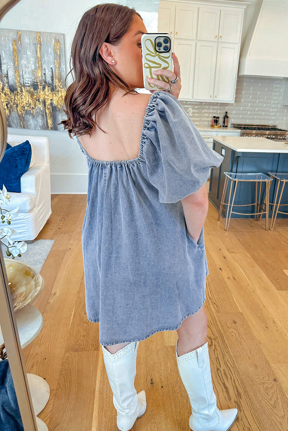 Myosotis Bubble Sleeve Square Neck Denim Babydoll Dress-Short Dresses-[Adult]-[Female]-2022 Online Blue Zone Planet