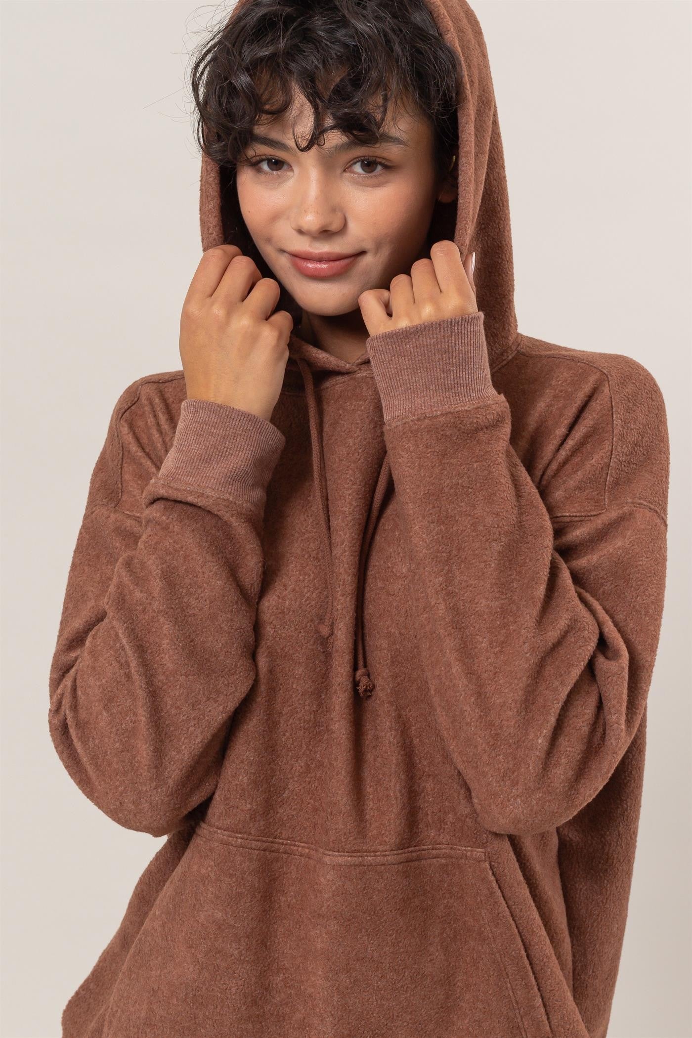 HYFVE Brushed Long Sleeve Hoodie with Kangaroo Pocket-TOPS / DRESSES-[Adult]-[Female]-Chestnut-S-2022 Online Blue Zone Planet