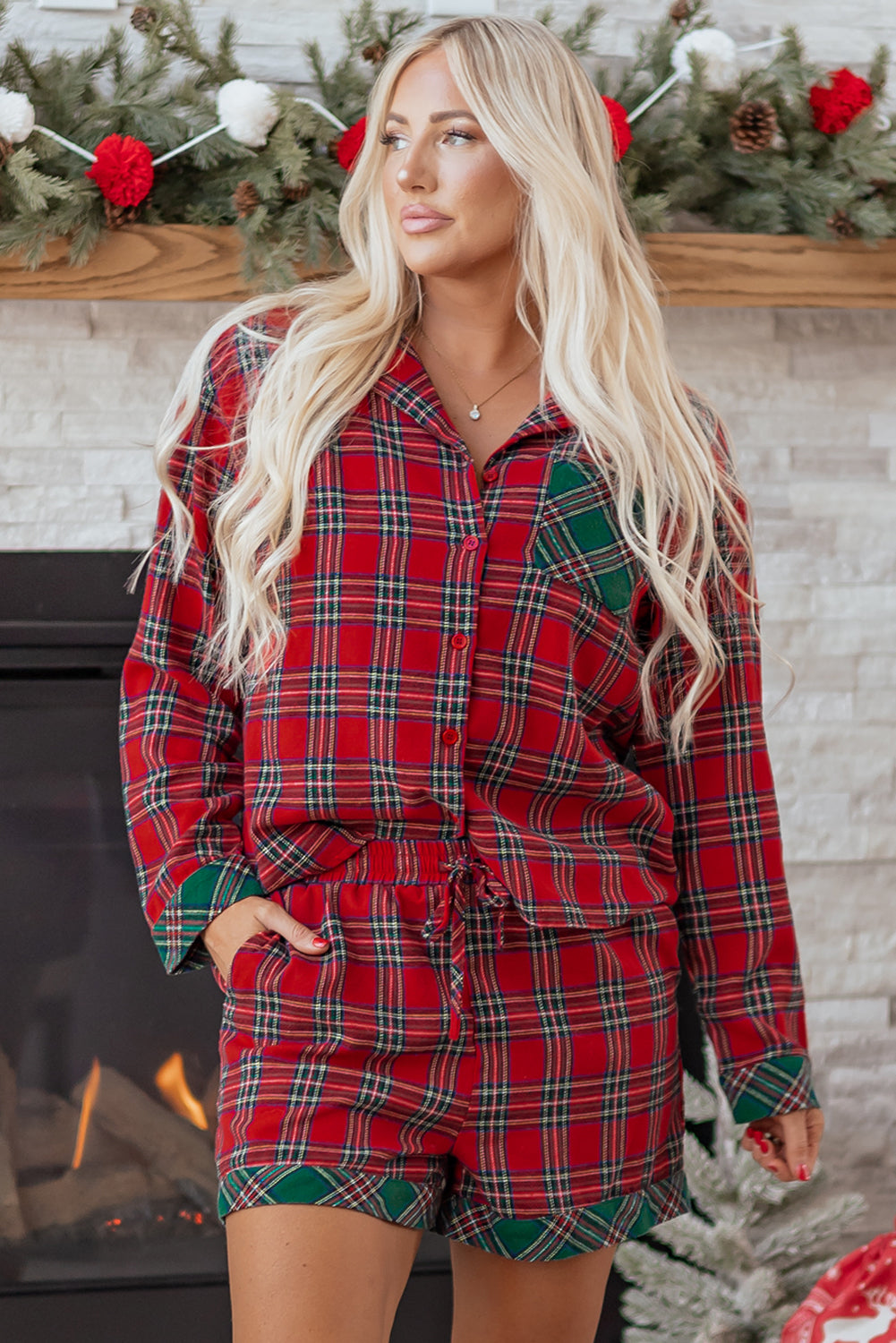 Red Plaid Contrast Patched Christmas Holiday Long Sleeve Shirt And Short 2pcs Pajama Set-Loungewear & Sleepwear/Sleepwear-[Adult]-[Female]-2022 Online Blue Zone Planet
