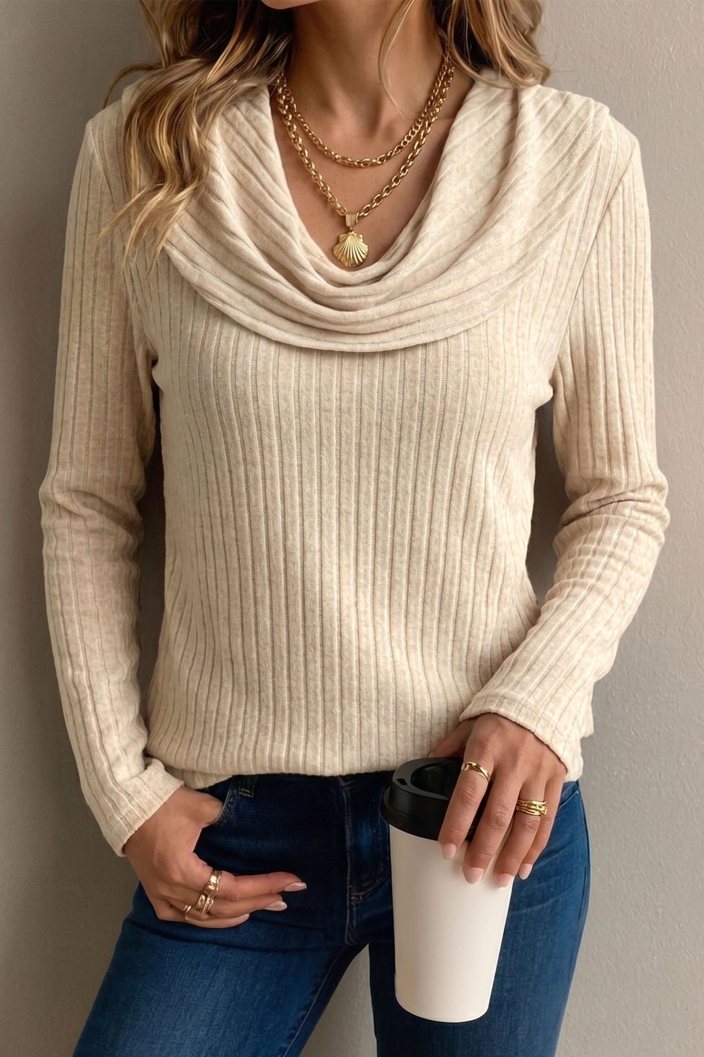 Apricot Solid Color Ribbed Knit Cowl Neck Long Sleeve Top-Tops/Long Sleeve Tops-[Adult]-[Female]-2022 Online Blue Zone Planet