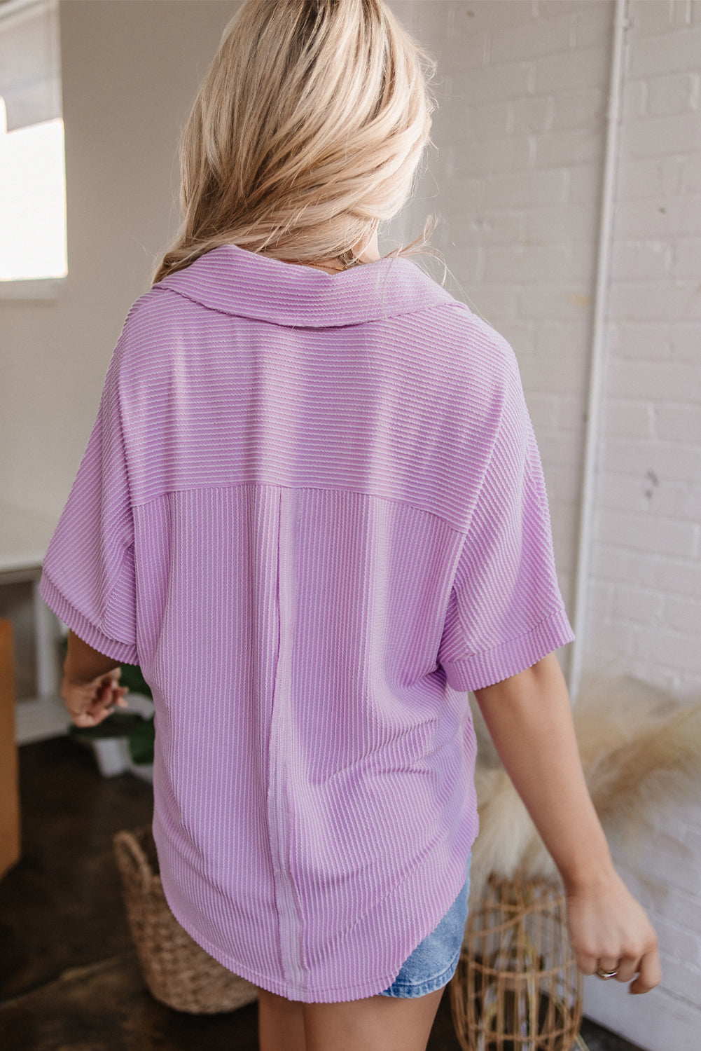 Orchid Bouquet Corded Flap Pocket Collared Buttoned Short Sleeve Blouse-Tops/Blouses & Shirts-[Adult]-[Female]-2022 Online Blue Zone Planet