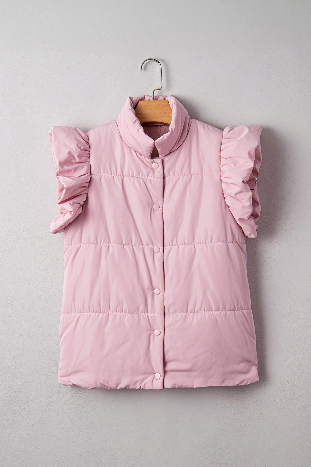 Pink Stand Neck Flutter Sleeve Snap Button Puffer Vest-Outerwear/Vests-[Adult]-[Female]-2022 Online Blue Zone Planet