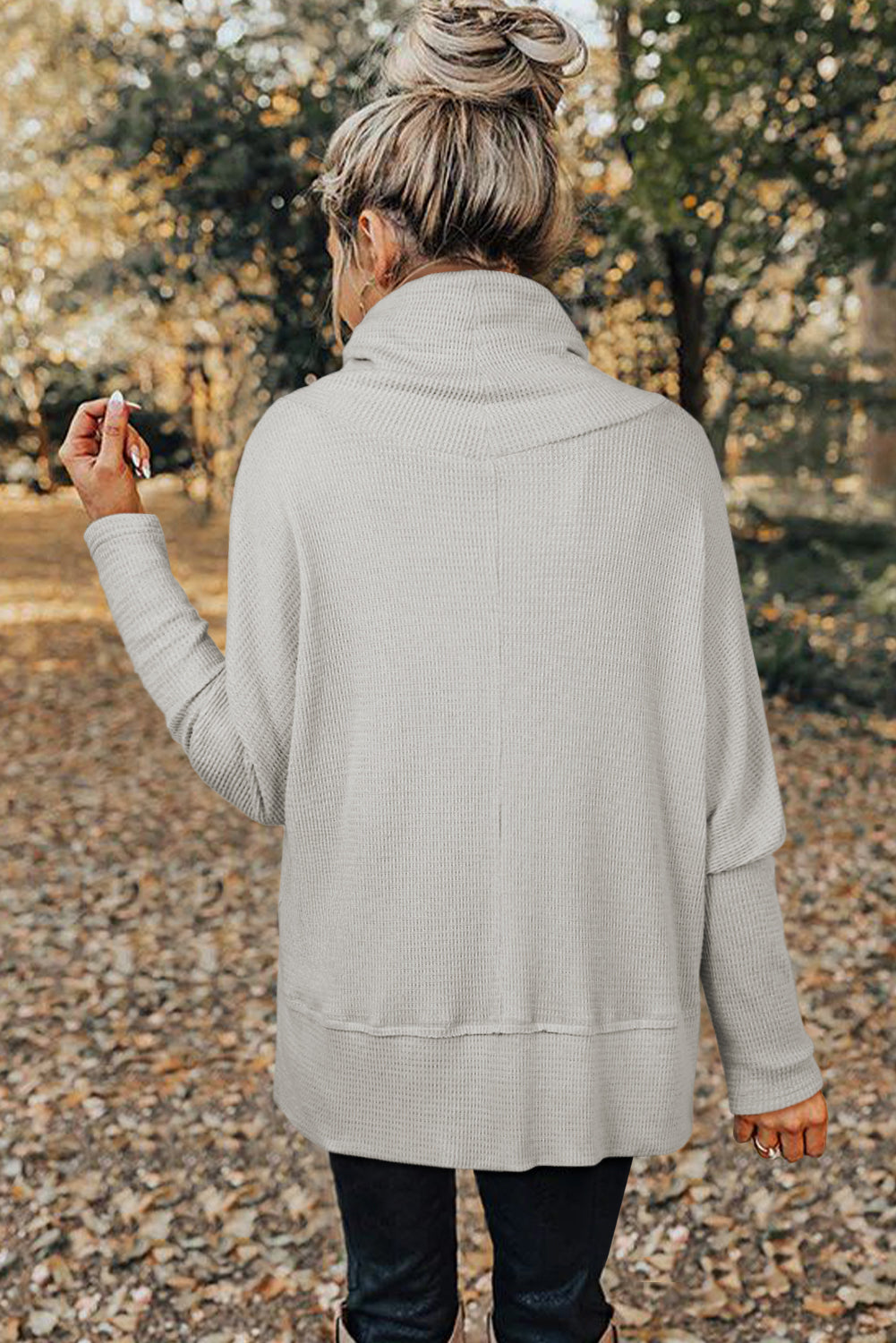 Light Grey Textured Knit Drawstring Cowl Neck Oversize Top With Side Slits-Tops/Long Sleeve Tops-[Adult]-[Female]-2022 Online Blue Zone Planet