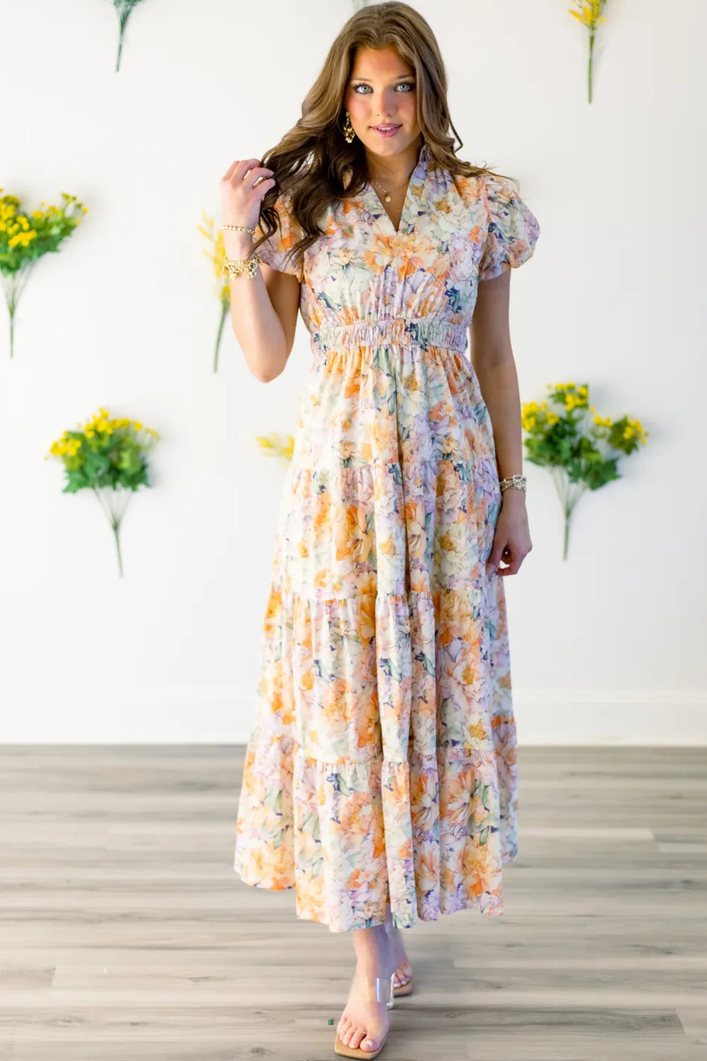 Orange Floral Bubble Sleeve V Neck Flared Maxi Dress-Dresses/Floral Dresses-[Adult]-[Female]-2022 Online Blue Zone Planet