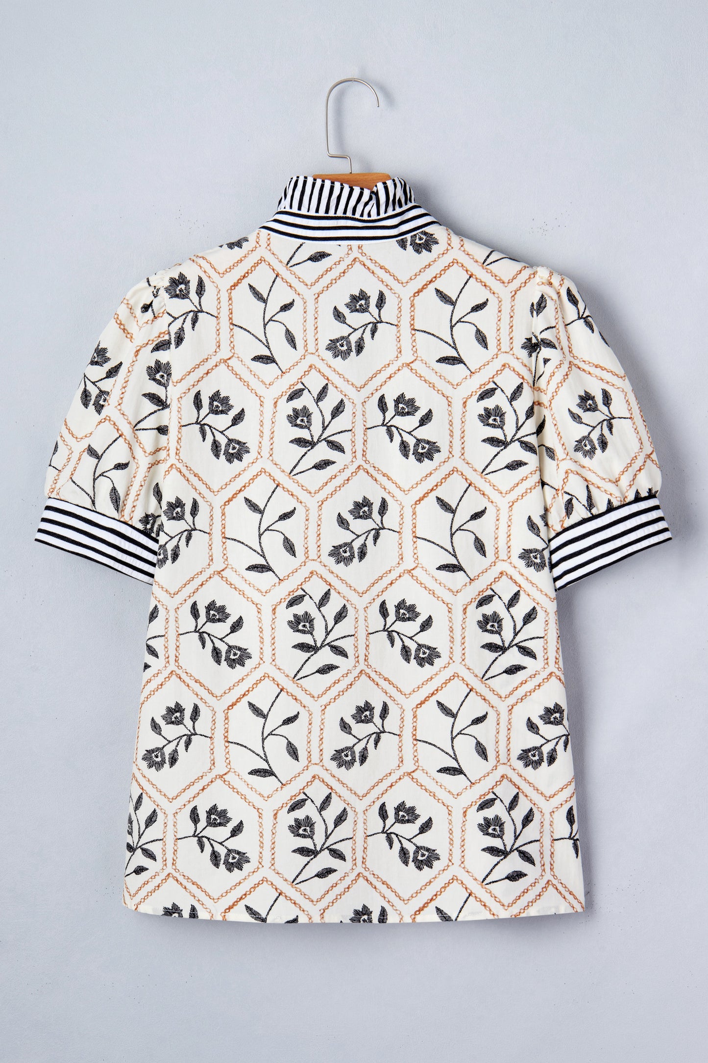White Floral Print Striped Patchwork Button Neck Short Sleeve Blouse-Tops/Blouses & Shirts-[Adult]-[Female]-2022 Online Blue Zone Planet