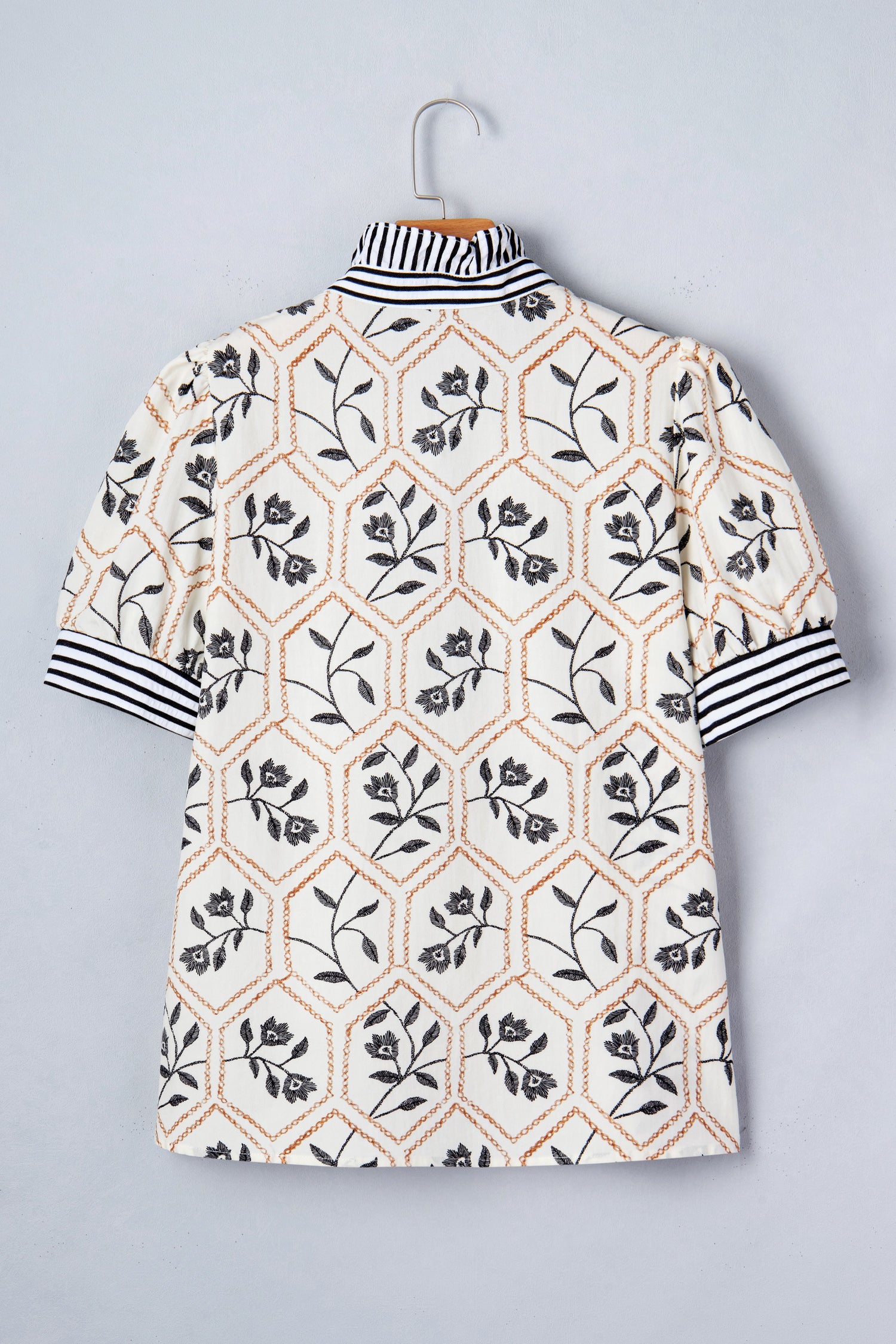 White Floral Print Striped Patchwork Button Neck Short Sleeve Blouse-Tops/Blouses & Shirts-[Adult]-[Female]-2022 Online Blue Zone Planet