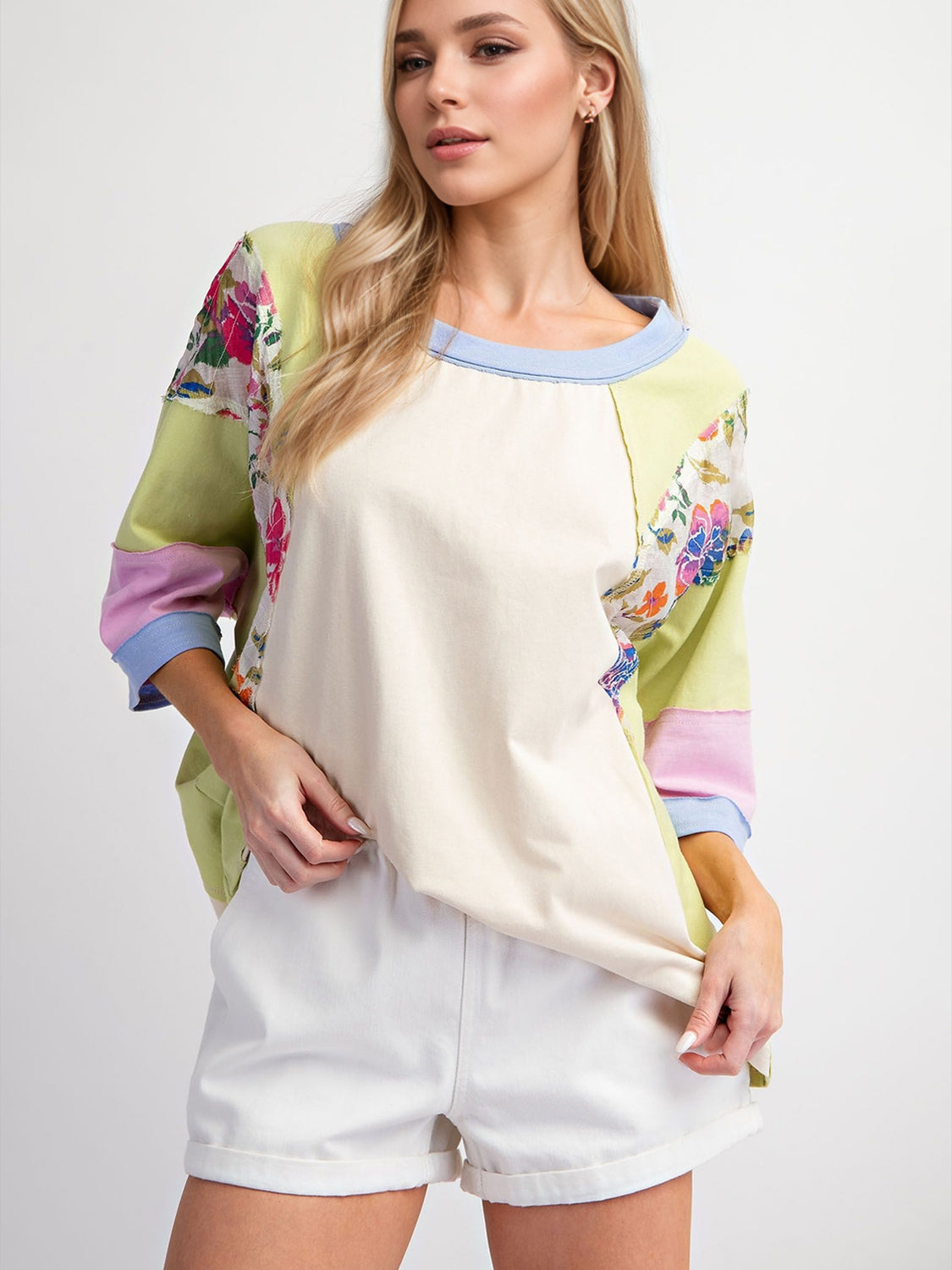 Color Block Printed Three-Quarter Sleeve Top-TOPS / DRESSES-[Adult]-[Female]-Yellow Green-S-2022 Online Blue Zone Planet