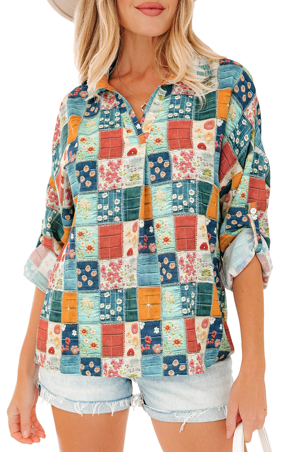 Sky Blue Floral Collared V Neck Roll up Sleeve Shift Blouse-Tops/Blouses & Shirts-[Adult]-[Female]-2022 Online Blue Zone Planet