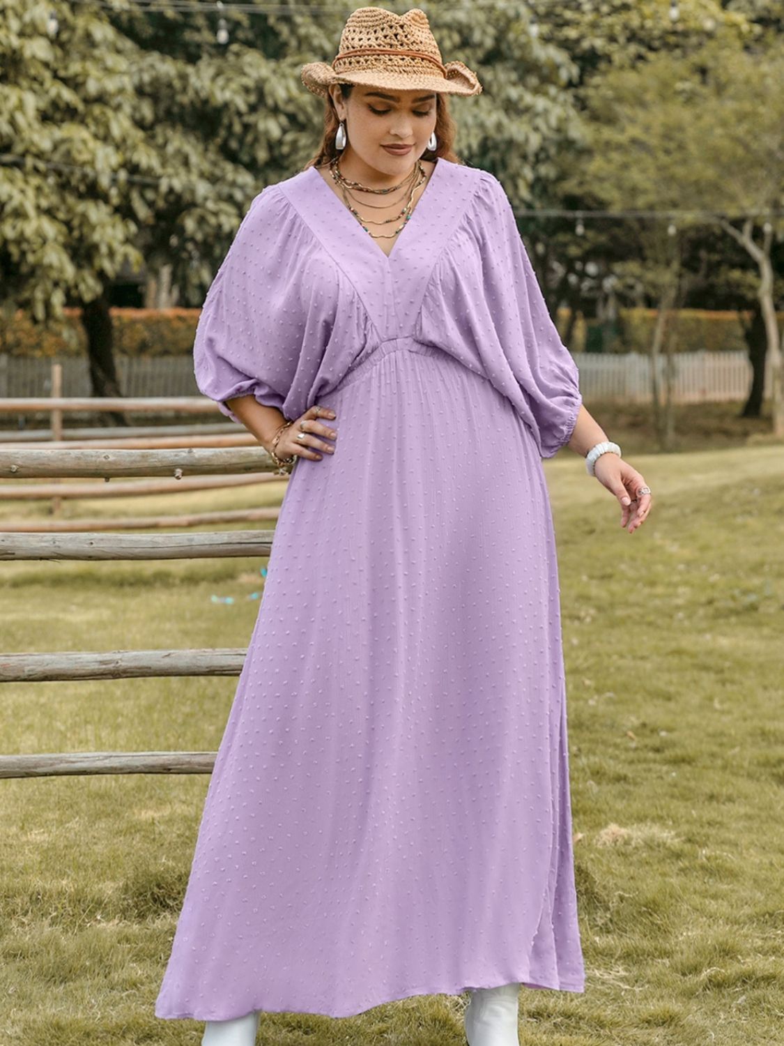 Blue Zone Planet | Plus Size Swiss Dot V-Neck Midi Dress-TOPS / DRESSES-[Adult]-[Female]-Pink Purple-0XL-2022 Online Blue Zone Planet