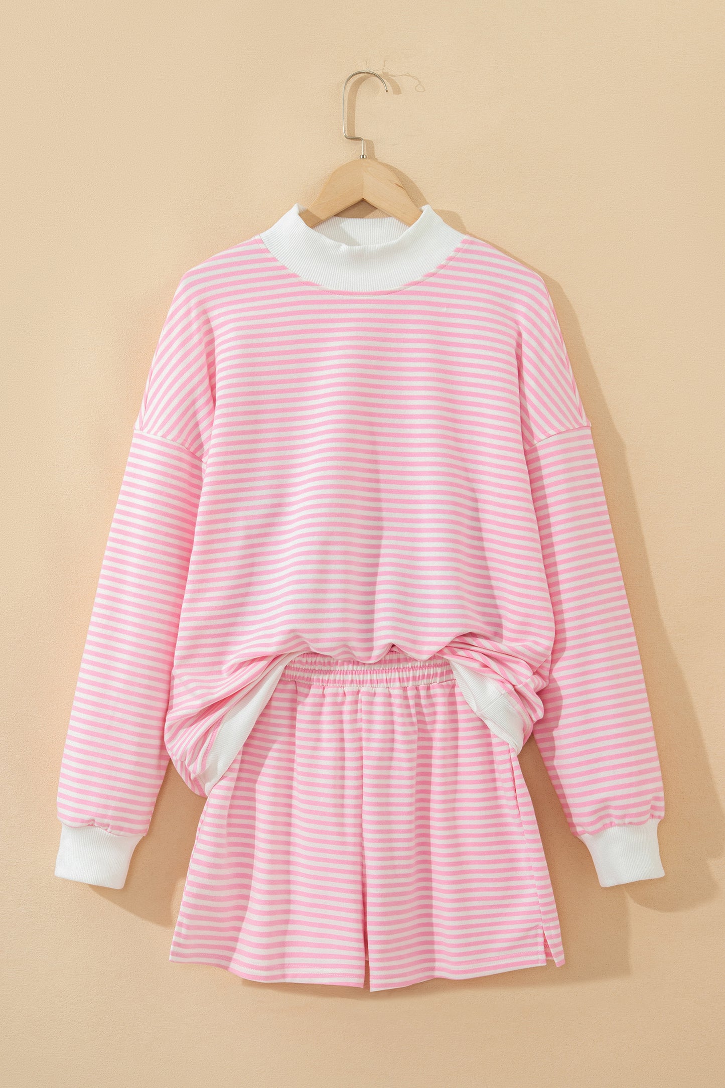Pink Stripe Oversize Mock Neck Sweatshirt and Shorts Set-Two Piece Sets/Short Sets-[Adult]-[Female]-2022 Online Blue Zone Planet