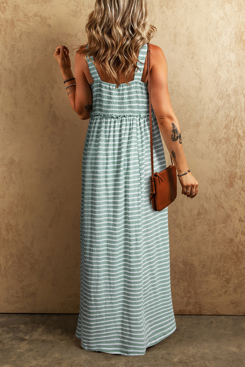 Green Stripe Shirred Frilled High Waist Sleeveless Loose Fit Maxi Dress-TOPS / DRESSES-[Adult]-[Female]-2022 Online Blue Zone Planet