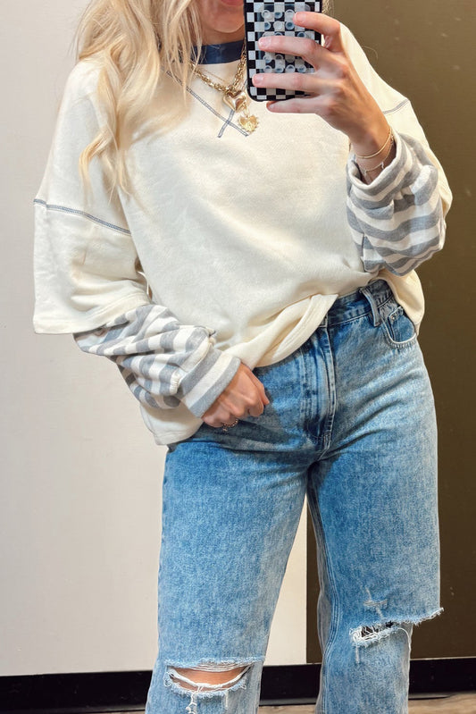 Beige Striped Patchwork Long Sleeve Round Neck Two-In-One Top