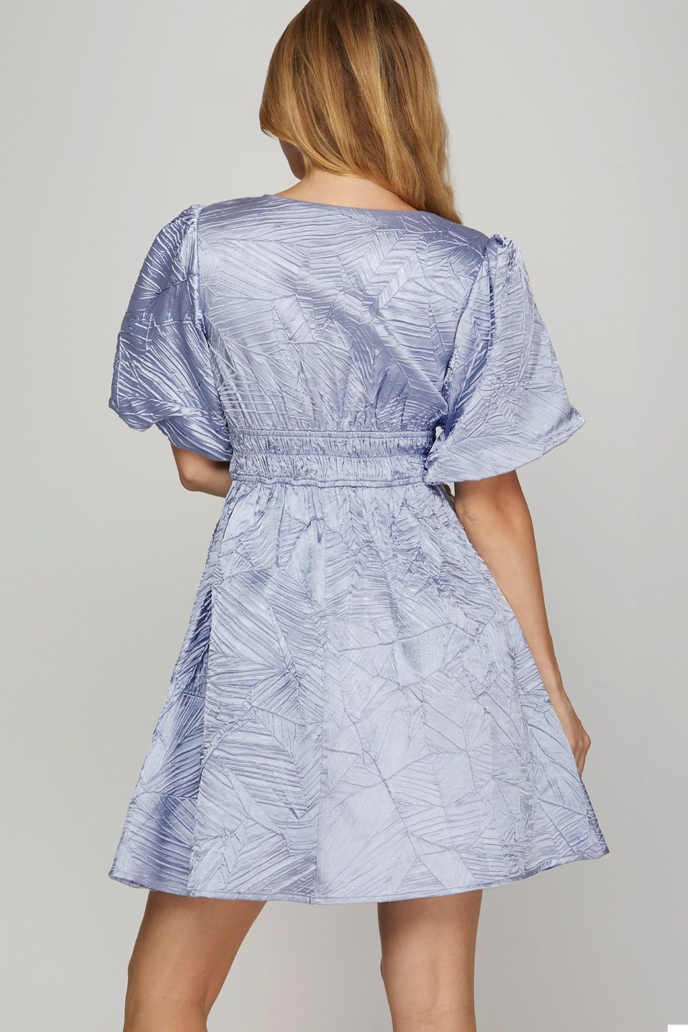 She + Sky Crinkle Woven V-Neck Balloon Sleeve Mini Dress – Blue Zone Planet