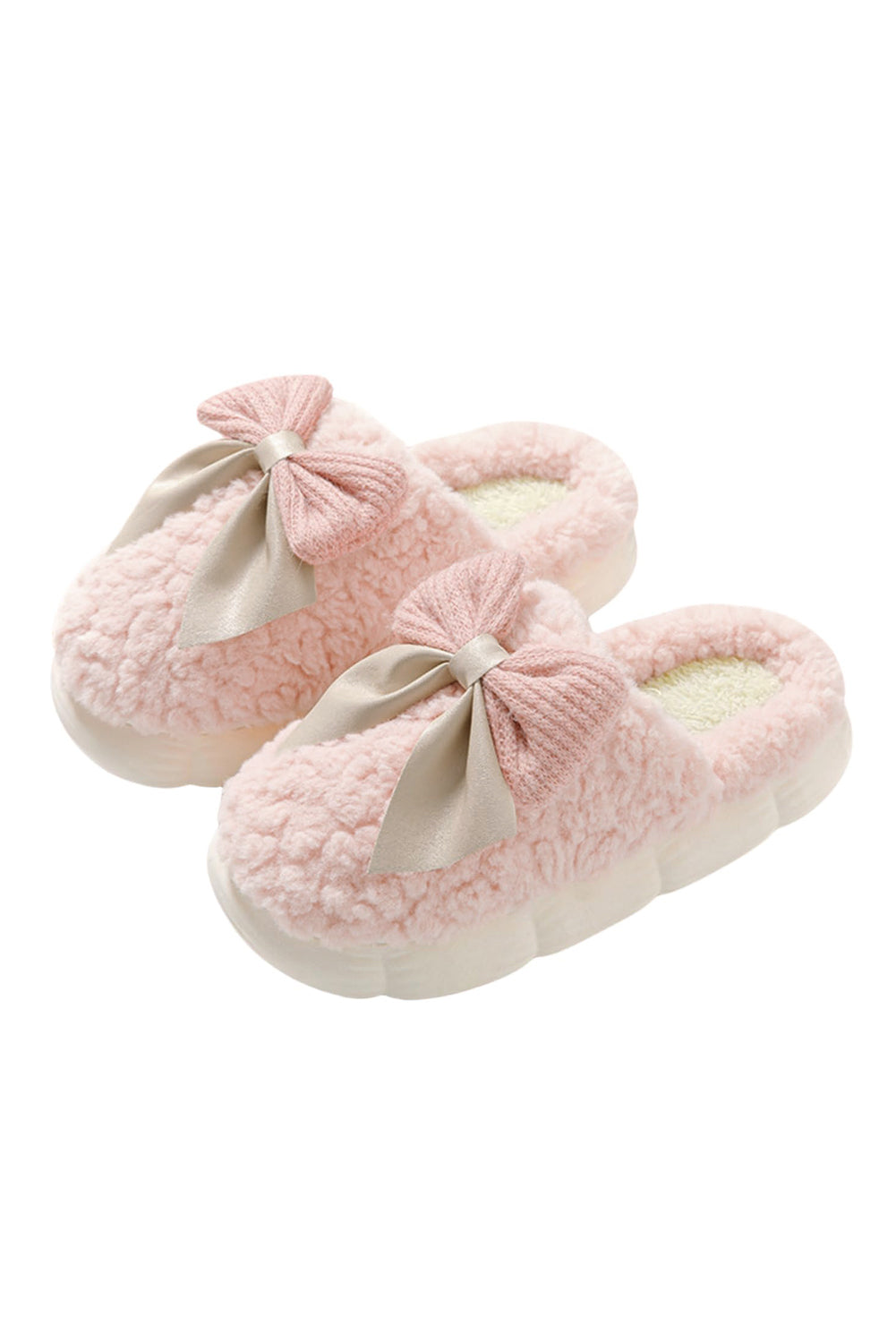 Blue Zone Planet | Pink Contrast Bowknot Applique Plush Winter Slippers-SHOES-[Adult]-[Female]-2022 Online Blue Zone Planet