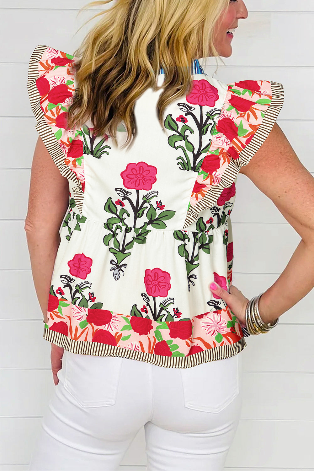Pink Floral Print Tie Neck Striped Detail Flutter Sleeve Blouse-Tops/Blouses & Shirts-[Adult]-[Female]-2022 Online Blue Zone Planet