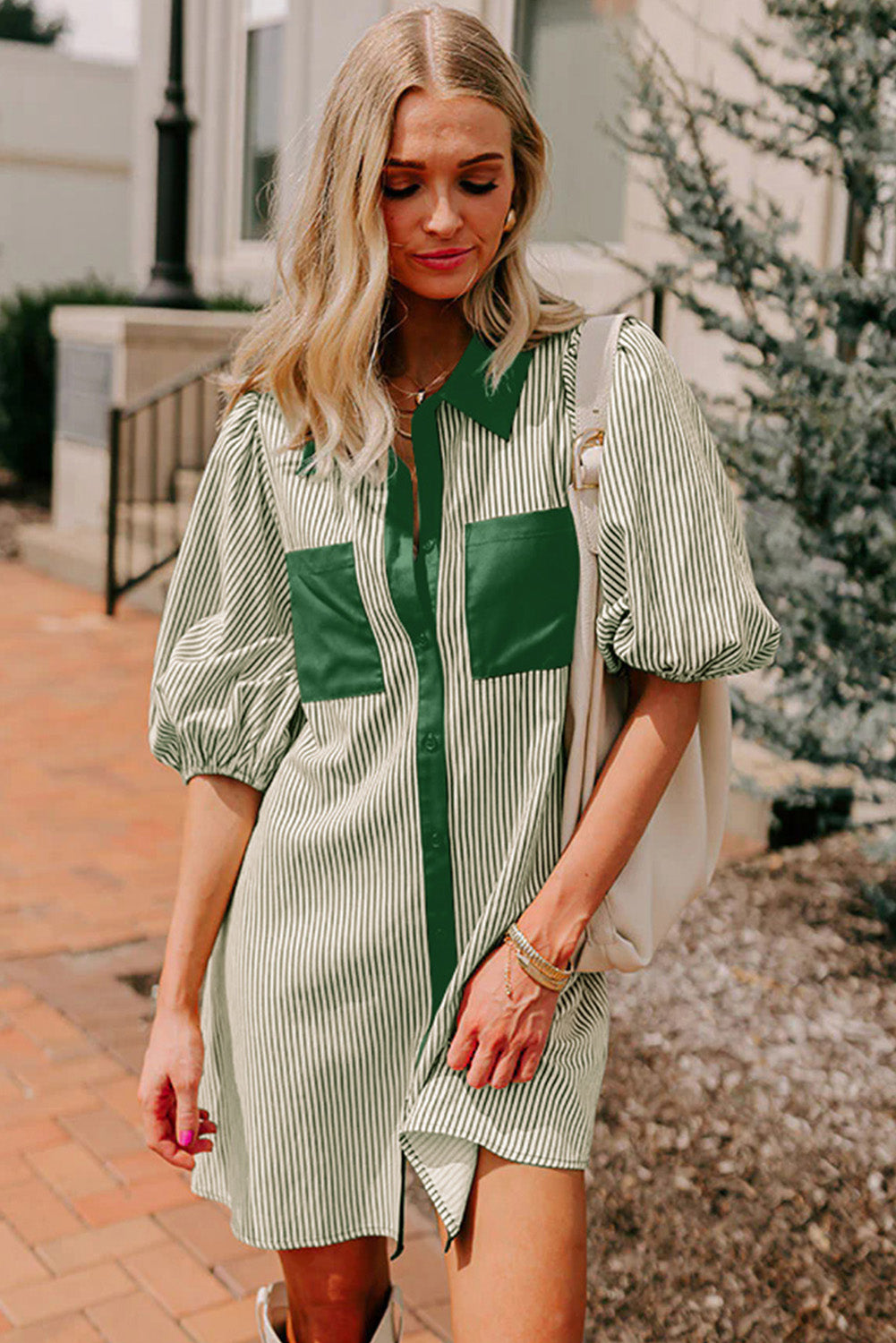 Green Stripe Color Block Patchwork Shirt Collar Button Down Puff Sleeve Mini Dress-TOPS / DRESSES-[Adult]-[Female]-2022 Online Blue Zone Planet