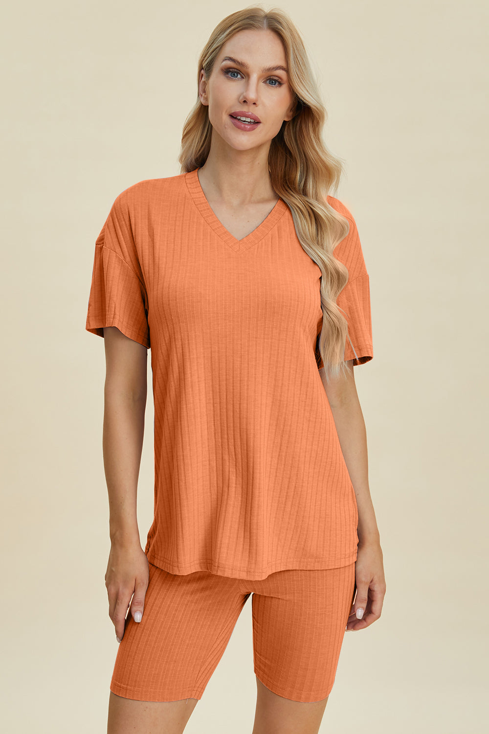 Basic Bae Full Size Ribbed V-Neck Short Sleeve Top and Shorts Set-TOPS / DRESSES-[Adult]-[Female]-2022 Online Blue Zone Planet