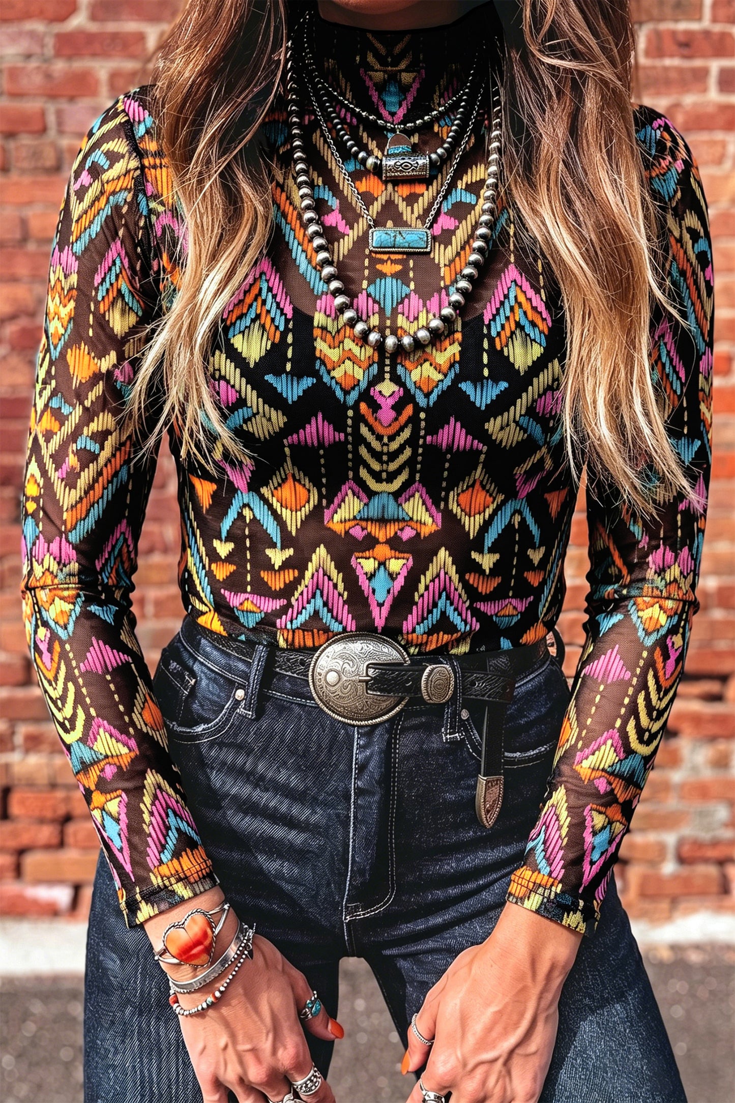 Color Black Abstract Print Long Sleeve Stand Neck Mesh Top-Tops/Long Sleeve Tops-[Adult]-[Female]-2022 Online Blue Zone Planet