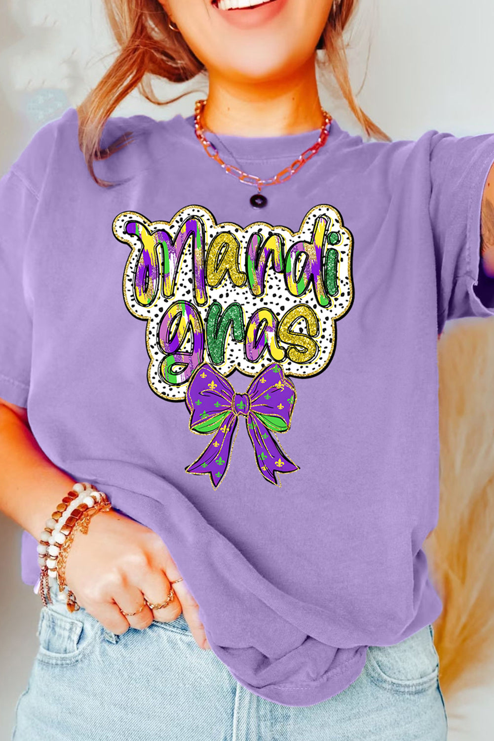 Wisteria mardi gras Bow Graphic Crewneck Holiday T Shirt-Graphic Tees-[Adult]-[Female]-2022 Online Blue Zone Planet