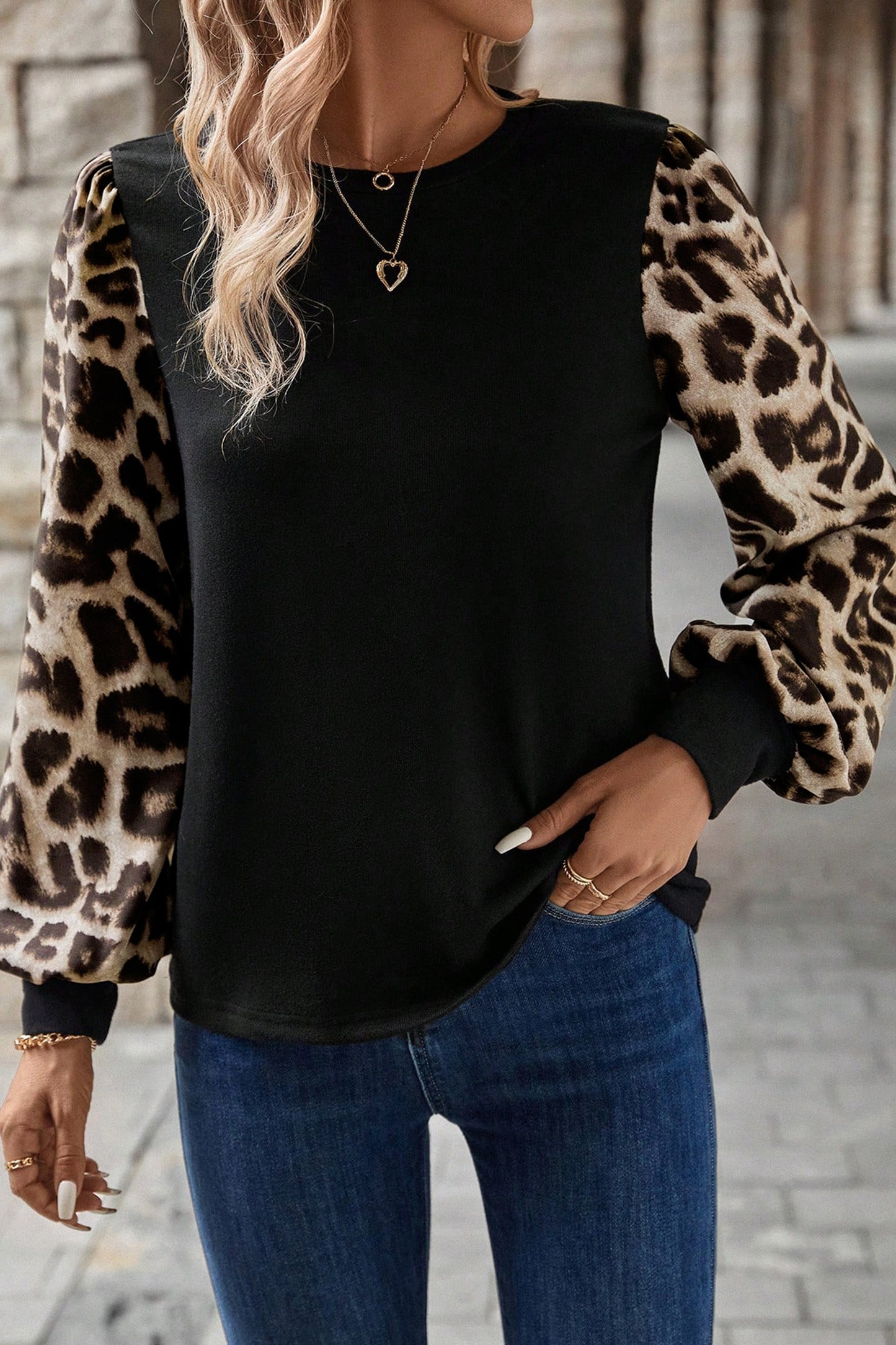 Khaki Leopard Puff Sleeve Patchwork Top-Tops/Long Sleeve Tops-[Adult]-[Female]-2022 Online Blue Zone Planet