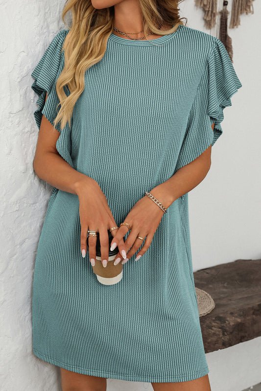 Canton Corded Ruffle Sleeve Crew Neck Shift Dress-TOPS / DRESSES-[Adult]-[Female]-Canton-S-2022 Online Blue Zone Planet