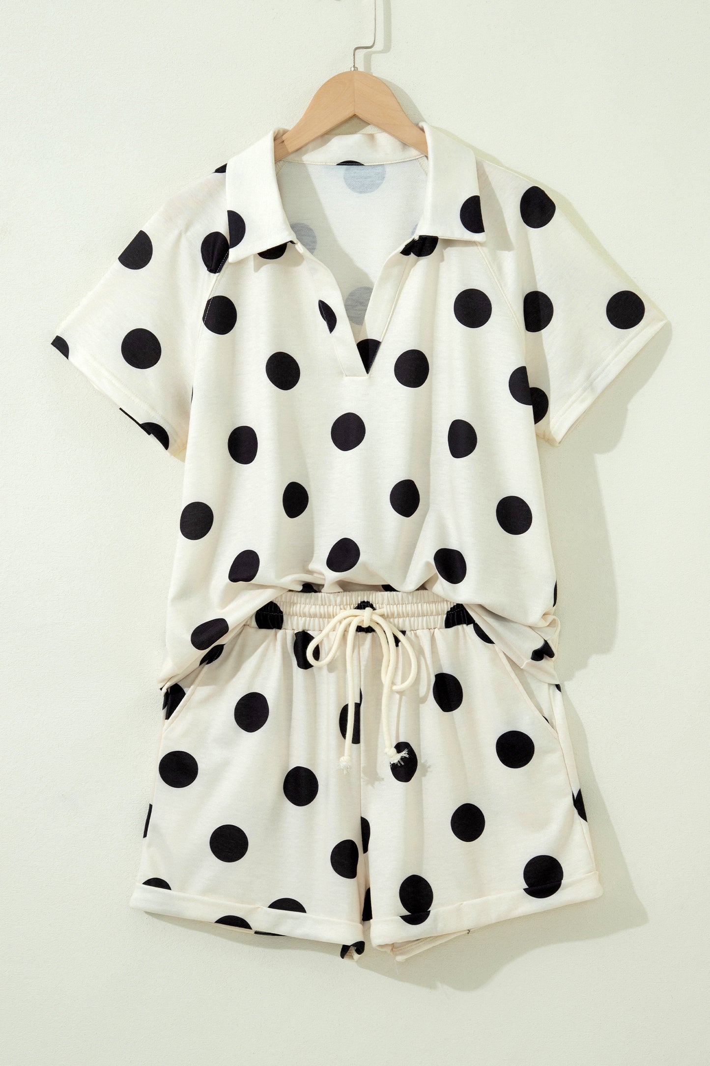 Beige Polka Dot Print V Neck Tee Short Set-Two Piece Sets/Short Sets-[Adult]-[Female]-2022 Online Blue Zone Planet