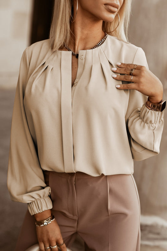 Khaki Crew Neck Gathered Stretch Cuff Shirt-Tops/Blouses & Shirts-[Adult]-[Female]-Khaki-S-2022 Online Blue Zone Planet