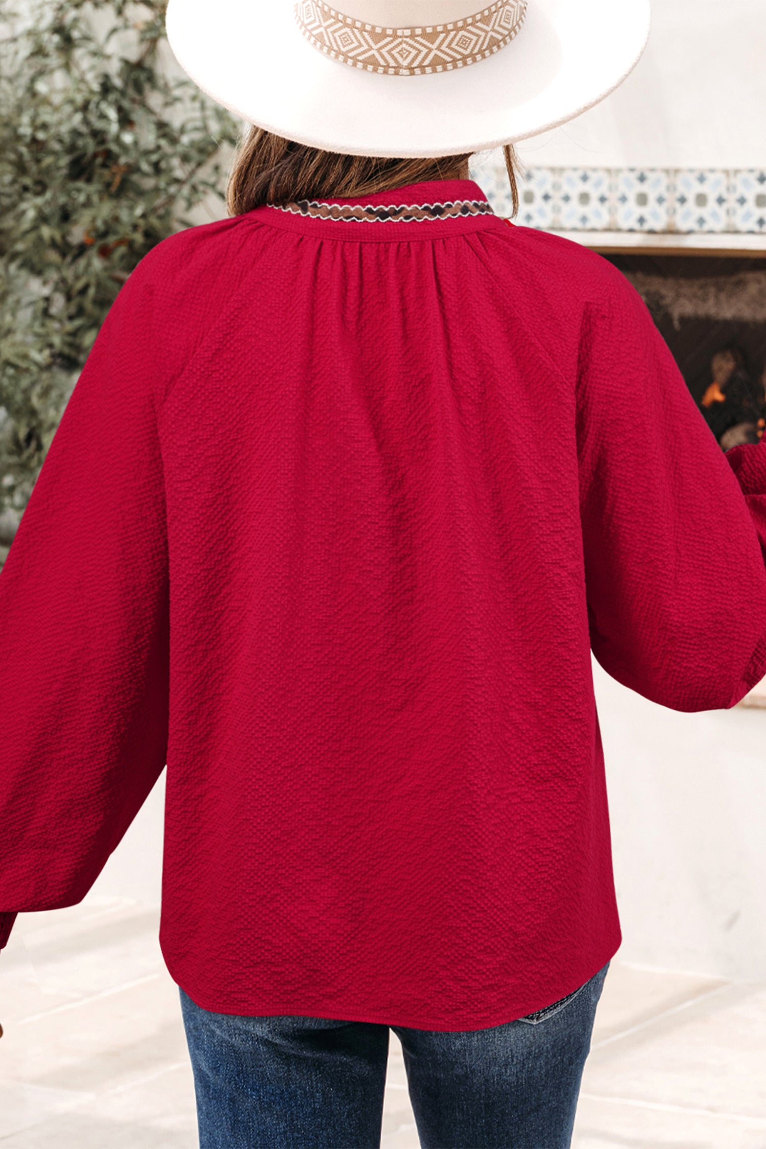 Racing Red Leopard Jacquard Print V Neck Textured Blouse-Tops/Blouses & Shirts-[Adult]-[Female]-2022 Online Blue Zone Planet