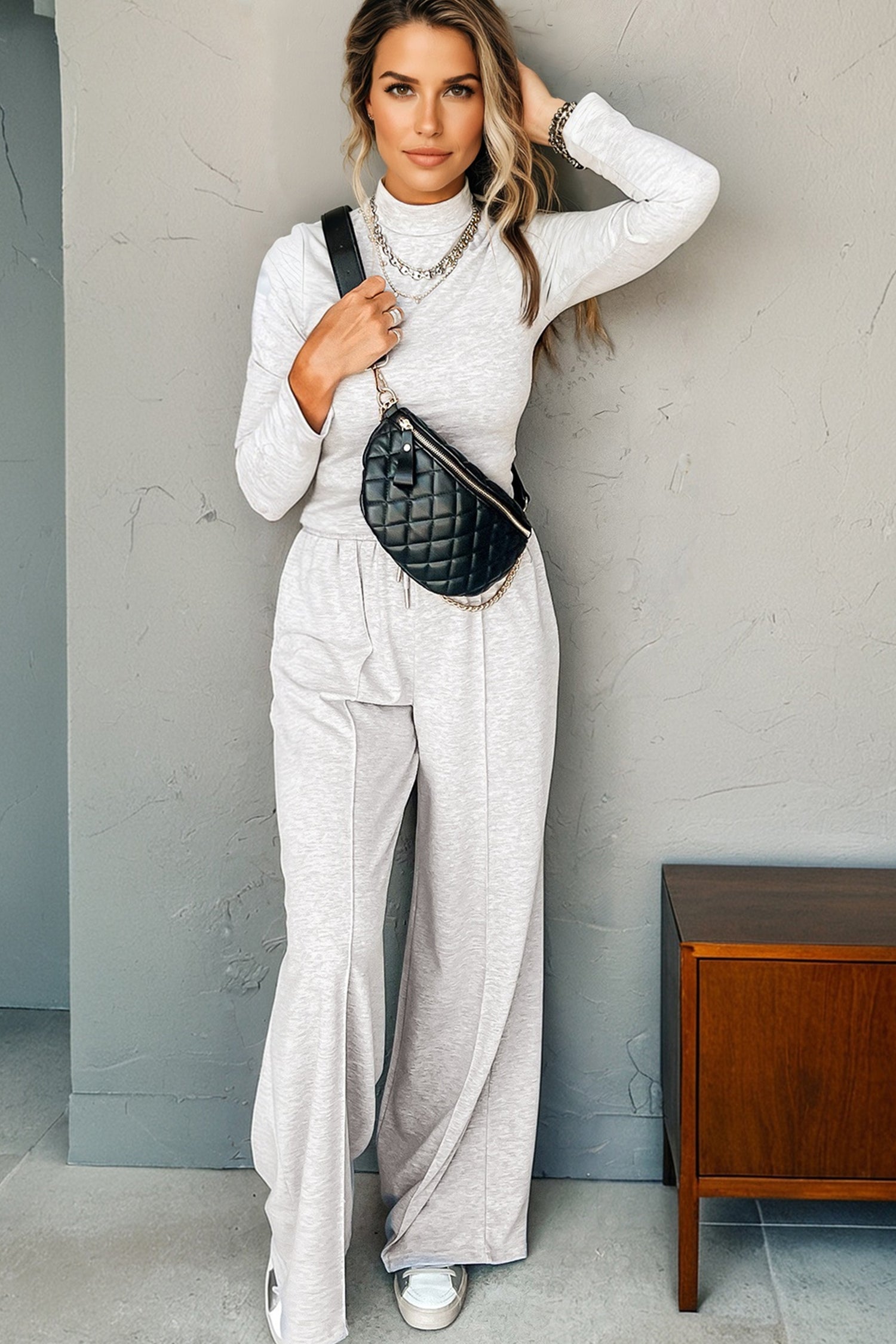 Light Grey Long Sleeve High Neck Slim Top Smocked Waist Central Seam Pants Set-Two Piece Sets/Pant Sets-[Adult]-[Female]-2022 Online Blue Zone Planet