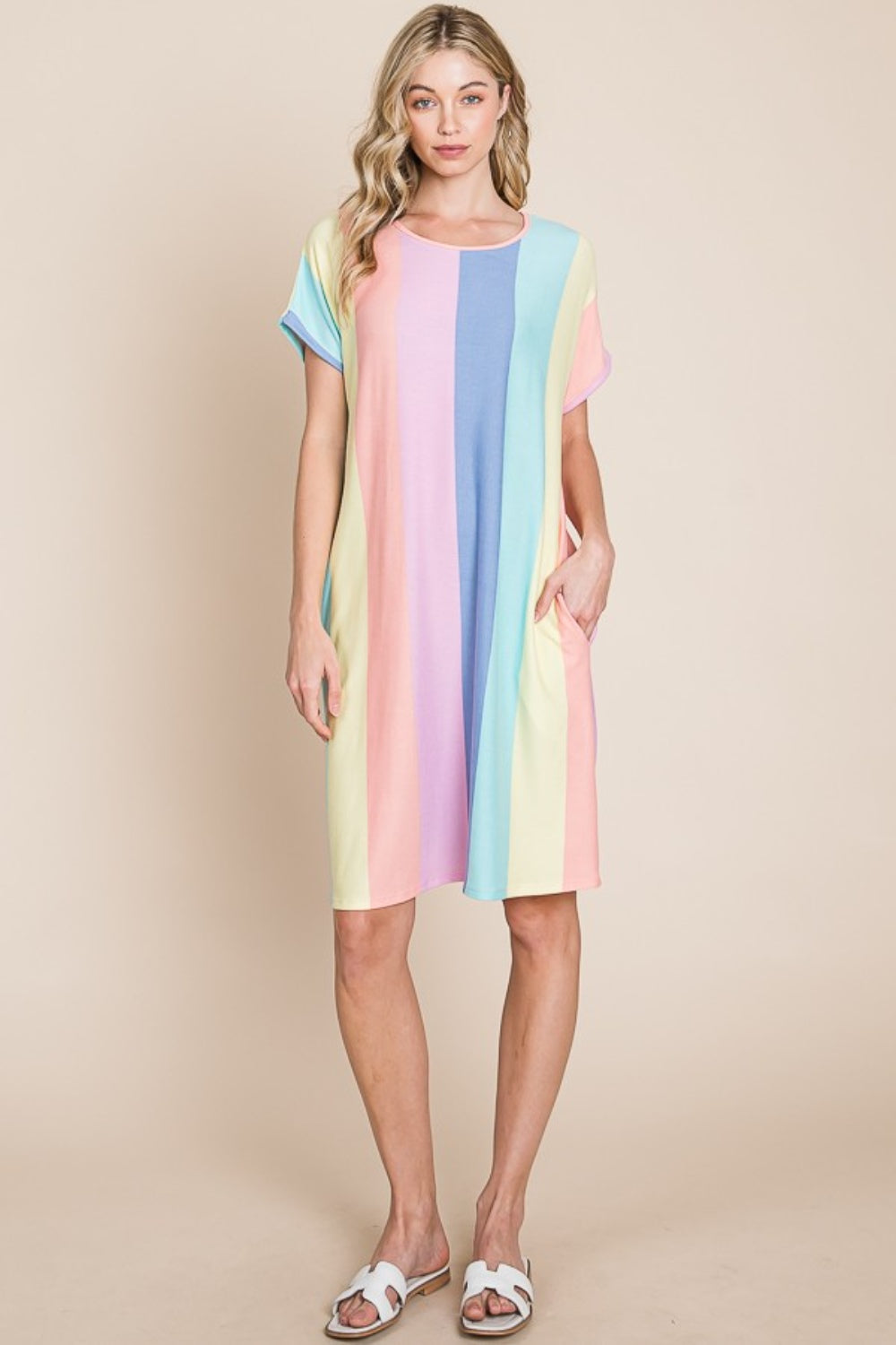 Blue Zone Planet |  BOMBOM Striped Short Sleeve Dress with Pockets BLUE ZONE PLANET