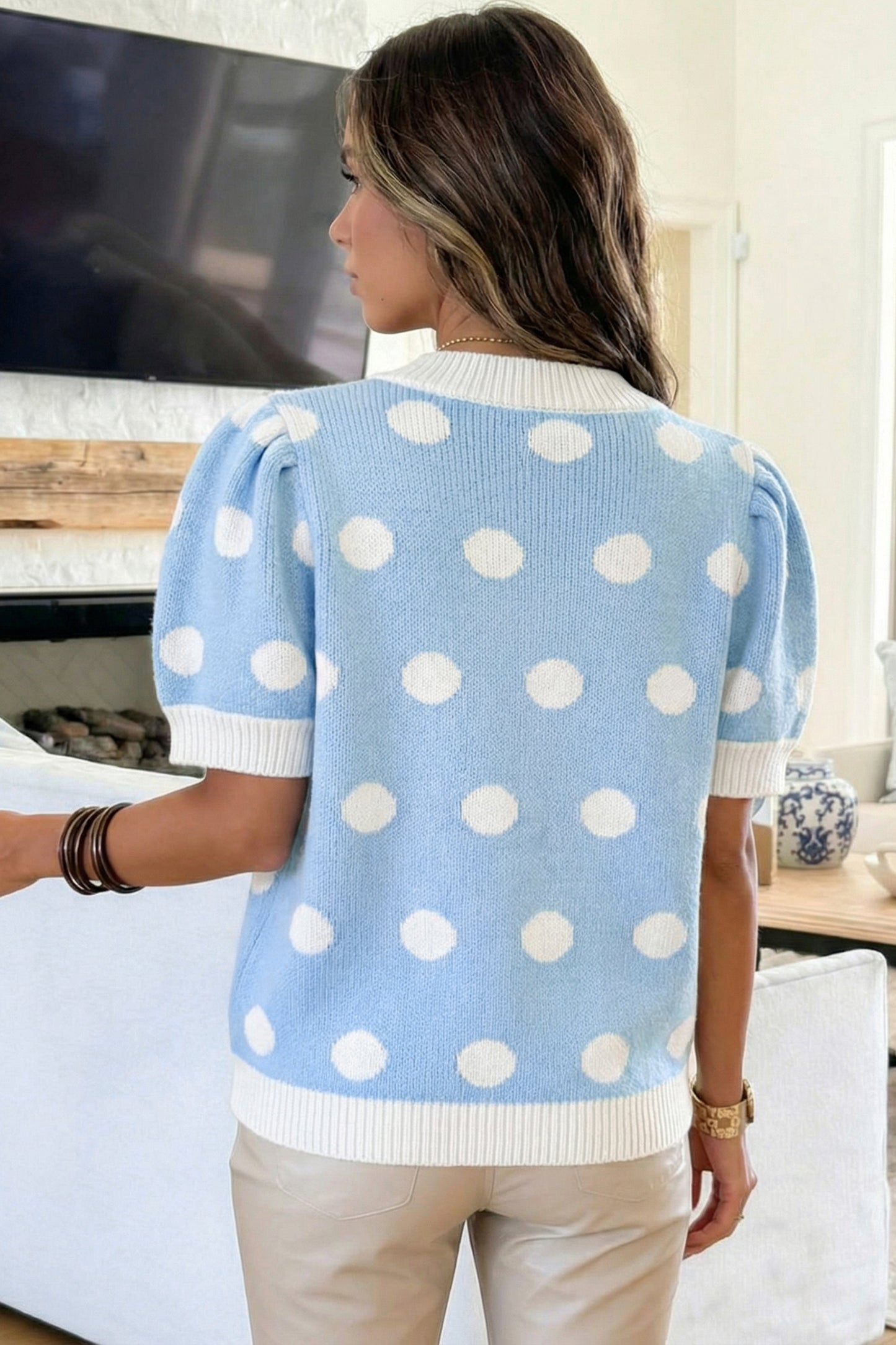 Rose Red Polka Dot Puff Short Sleeve Sweater Top-Sweaters & Cardigans/Short Sleeve Sweaters-[Adult]-[Female]-2022 Online Blue Zone Planet