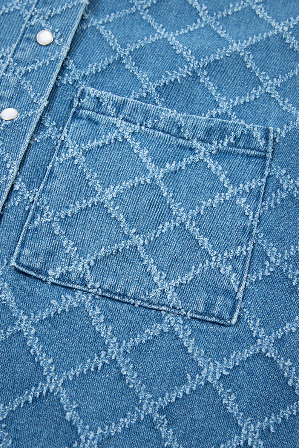 Dusk Blue Checkered Textured Short Sleeve Patched Pocket Denim Shirt-Tops/Blouses & Shirts-[Adult]-[Female]-2022 Online Blue Zone Planet