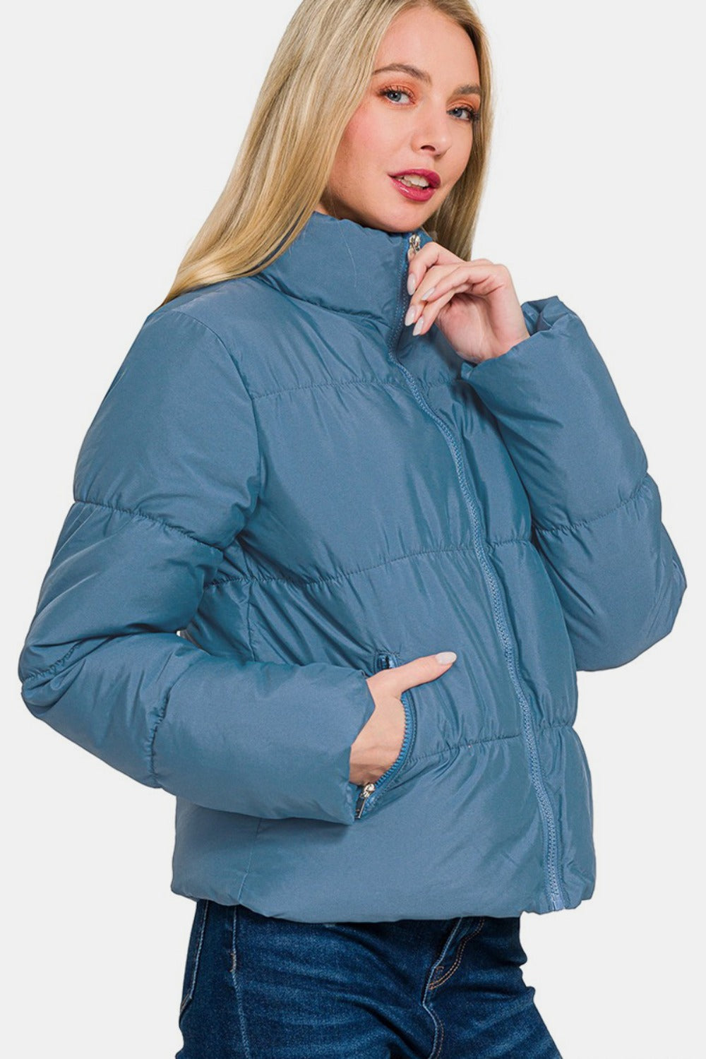 Blue Zone Planet | Zenana Zip Up Turtleneck Puffer Jacket with Pockets-TOPS / DRESSES-[Adult]-[Female]-2022 Online Blue Zone Planet