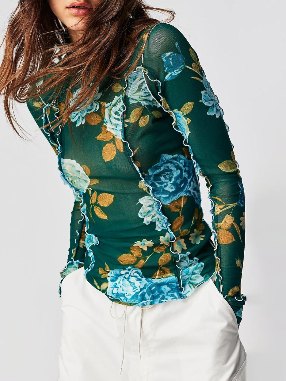 Floral Mock Neck Long Sleeve Top-TOPS / DRESSES-[Adult]-[Female]-Dark Green-S-2022 Online Blue Zone Planet