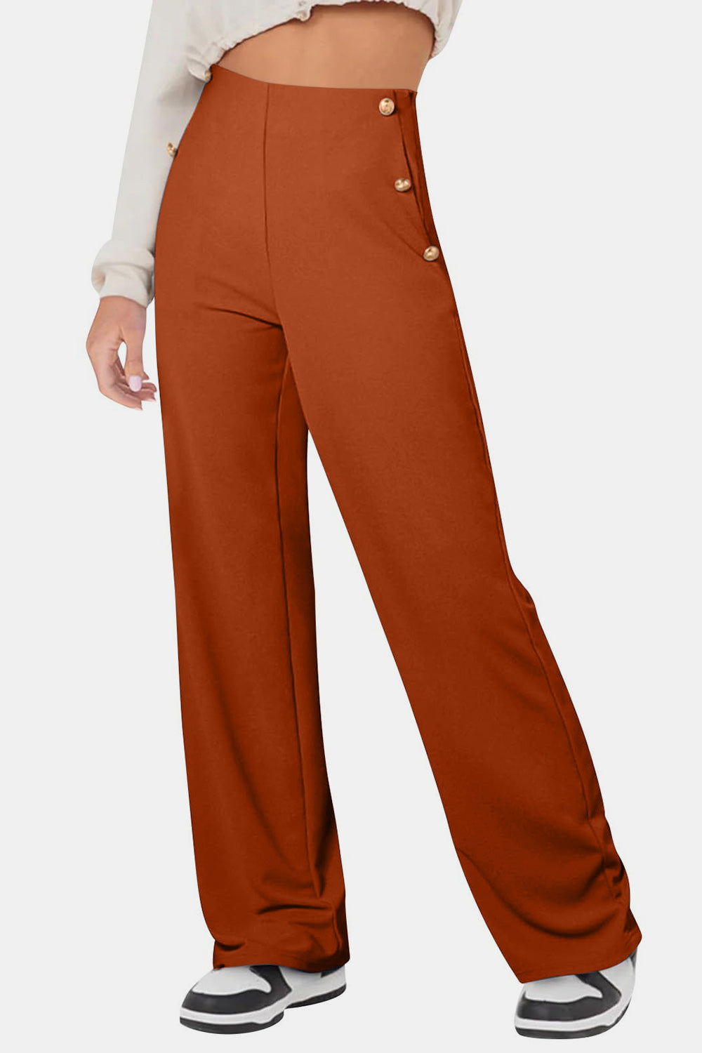 Decorative Button High Rise Pants-BOTTOMS SIZES SMALL MEDIUM LARGE-[Adult]-[Female]-2022 Online Blue Zone Planet