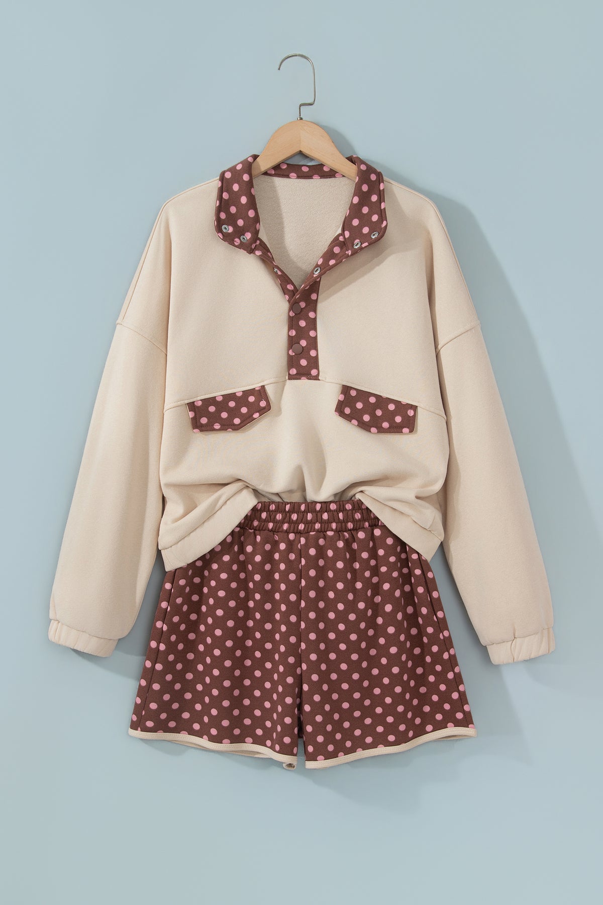 Brown Polka Dot Contrast Baggy Pullover and Elastic Waist Shorts 2pcs Set-Two Piece Sets/Short Sets-[Adult]-[Female]-2022 Online Blue Zone Planet