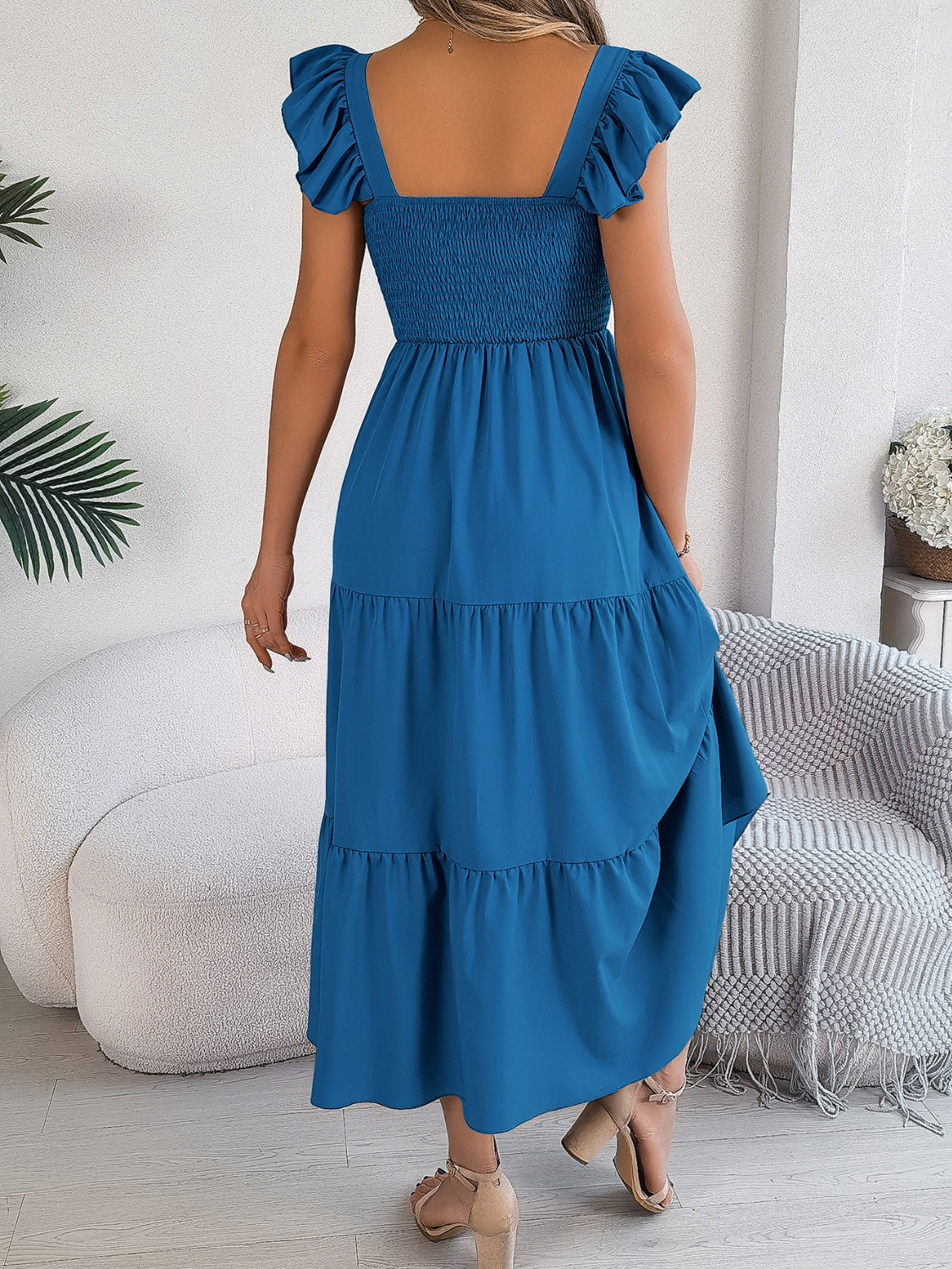 Blue Zone Planet | Smocked Square Neck Cap Sleeve Midi Dress-TOPS / DRESSES-[Adult]-[Female]-2022 Online Blue Zone Planet