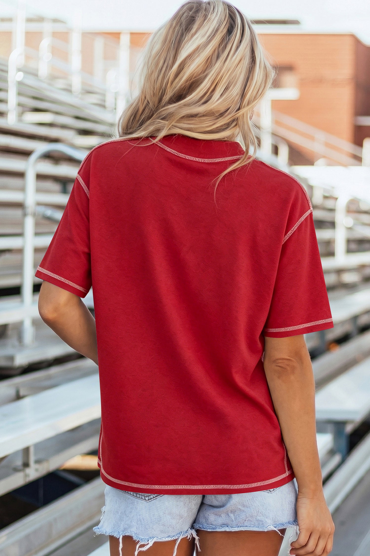 Racing Red Shiny Game Day Lettering Contrast Seam Detail Graphic Tee-Graphic/Graphic Tees-[Adult]-[Female]-2022 Online Blue Zone Planet