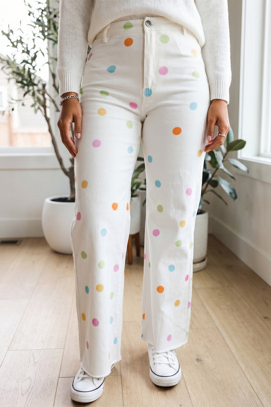 White High Waist Polka Dot Straight Leg Casual Jeans-Bottoms/Jeans-[Adult]-[Female]-White-4-2022 Online Blue Zone Planet