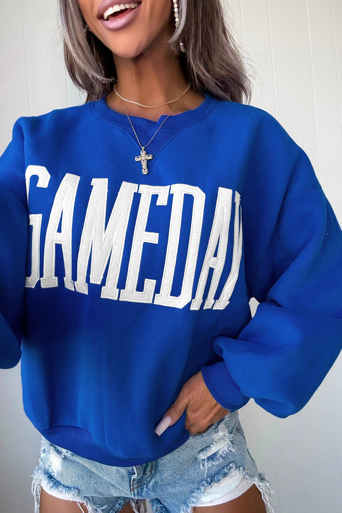 Sky Blue GAMEDAY Embroidered Patch Pattern Casual Shift Sweatshirt-Tops/Sweatshirts & Hoodies-[Adult]-[Female]-Sky Blue-S-2022 Online Blue Zone Planet
