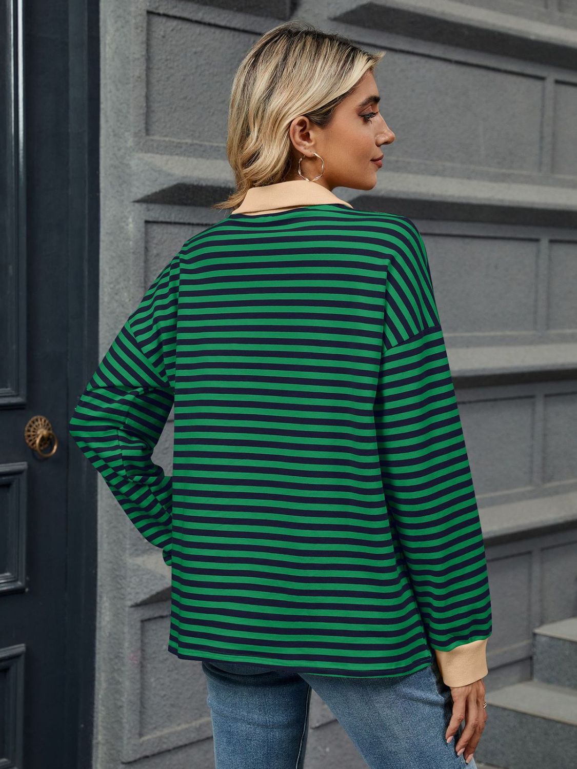 Striped Johnny Collar Long Sleeve Sweatshirt-TOPS / DRESSES-[Adult]-[Female]-2022 Online Blue Zone Planet