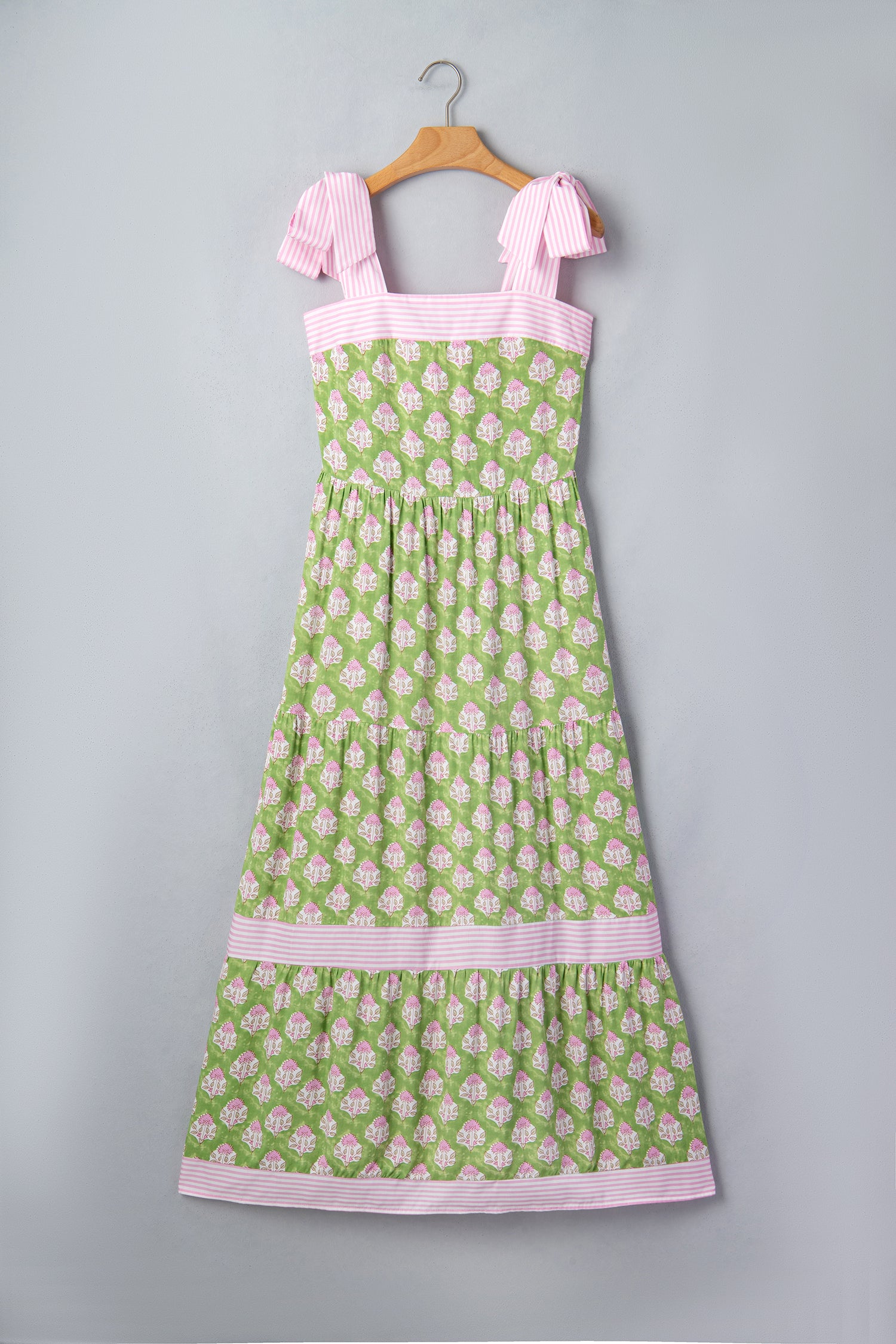 Green Floral Print Striped Detail Knot Straps Maxi Dress-Dresses/Floral Dresses-[Adult]-[Female]-2022 Online Blue Zone Planet